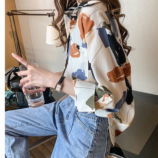 ZHELIHANGFEI Áo Sơ Mi Tay Dài Dáng Rộng In Họa Tiết Độc Đáo Thời Trang Mùa Thu Cho Nữ