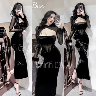 Set váy nhung phối tay lưới lông sexy