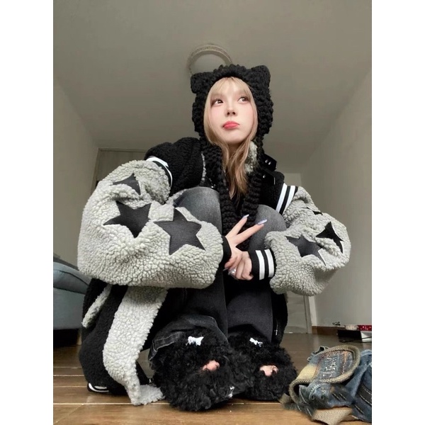 TKLIHN Áo khoác Lông Cừu ulzzang hình NGÔI SAO phong cách Y2K HOT TREND 2023