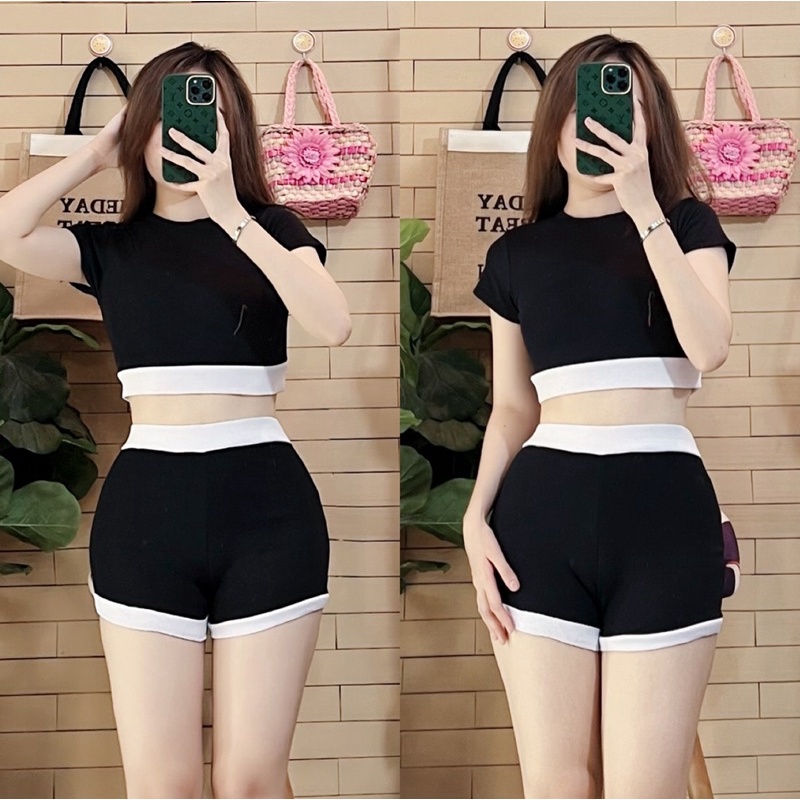 Set short đùi thể thao nữ, áo croptop ngắn cộc tay mix quần đùi 2 sọc ôm body, mặc đi chơi,tập gym,dance borip xịn U