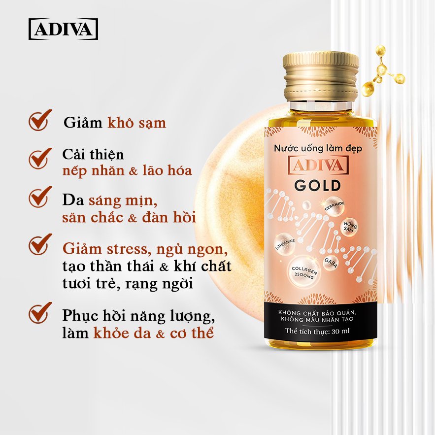 Combo 4 Hộp Nước Uống Làm Đẹp Collagen ADIVA Gold (14 Chai/Hộp)- Giúp Làn Da Căng Mịn, Giảm Nếp Nhăn Và Chống Lão Hóa