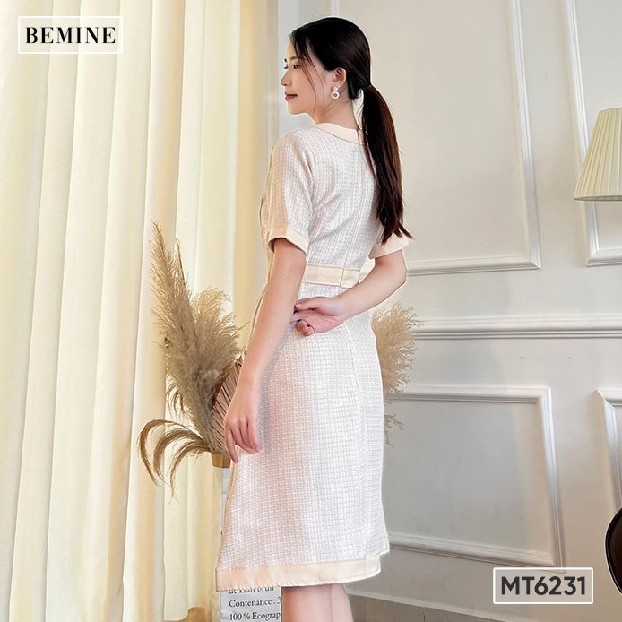 Đầm cổ tròn đính nút túi hộp BEMINE MT6231