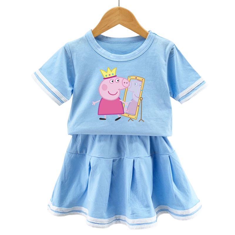 Set Đồ Thể Thao 2 Món Gồm Áo Thun In Hình Heo Peggy + Chân Váy Xếp Ly 100% Cotton Cho Bé Gái