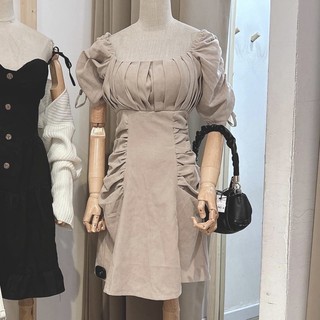 [Pass New] Thanh Lý Đầm Ôm Body Cổ Vuông Tay Dây Rút Màu Be
