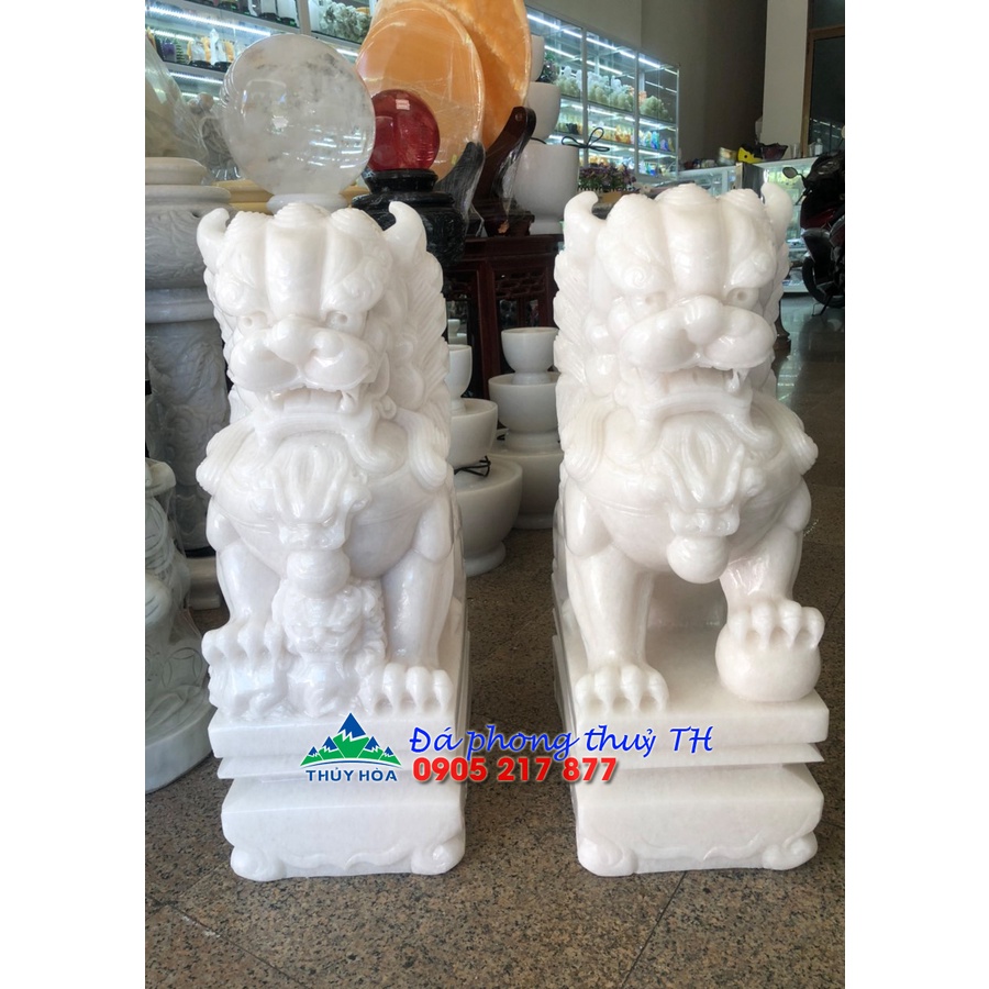 Cặp tượng Kỳ Lân phong thủy gác cổng đá trắng - Cao 60 cm