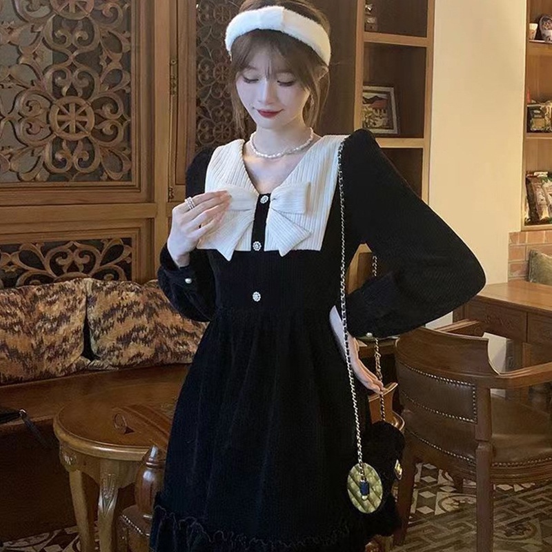 IELGY IELGY Đầm Đen Thắt Nơ Phong Cách Pháp Cổ Điển Cho Nữ