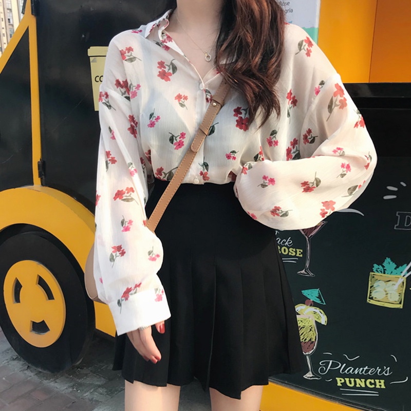 Áo Sơ Mi Chiffon Dáng Rộng In Hoa Kiểu Hàn Quốc Xinh Xắn Cho Nữ