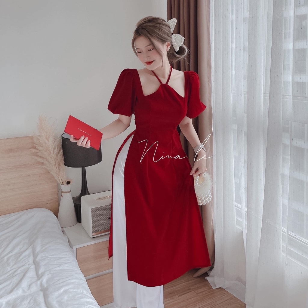 Bộ áo dài đỏ phối quần trắng ,tay ngắn phồng vai cổ yếm xẻ tà thời trang nữ duyên dáng dịu dàng