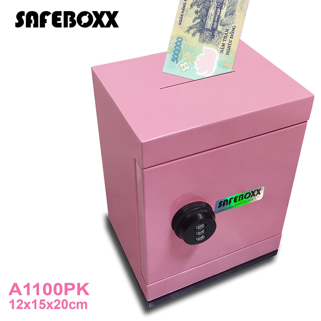 Két sắt mini. Tủ đựng tiền tiết kiệm, SAFEBOXX A1100 Size 12x15x20cm Màu Hồng Nhạt, Khóa Mã Đen