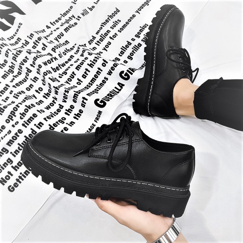 ✔️Giày nam bốt da cổ lửng mũi tròn phong cách Nhật Bản thời trang nâng chiều cao, giầy tây dr marten Full Box Đen AF05