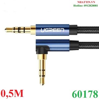 Cáp audio âm thanh aux 3.5mm bện nylon bẻ góc 90 độ dài 0,5m ugreen 60178 cao cấp