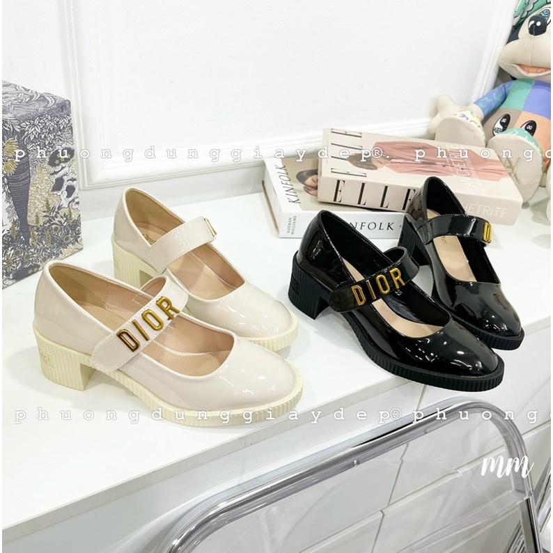 Giày búp bê dio tag chữ da bóng fullbox