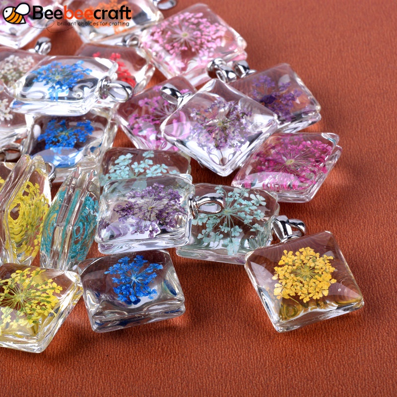 Bộ 5 Mặt Dây Chuyền Hình Vuông Bằng Hợp Kim Thủy Tinh Không Chứa Cadmium Và Hoa Khô Bên Trong Bạch Kim 27x20x10~11mm: 4.5x2.5mm