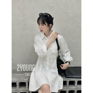 Đầm sơ mi trắng chít eo [2YOUNG] D1074 (ảnh thật)