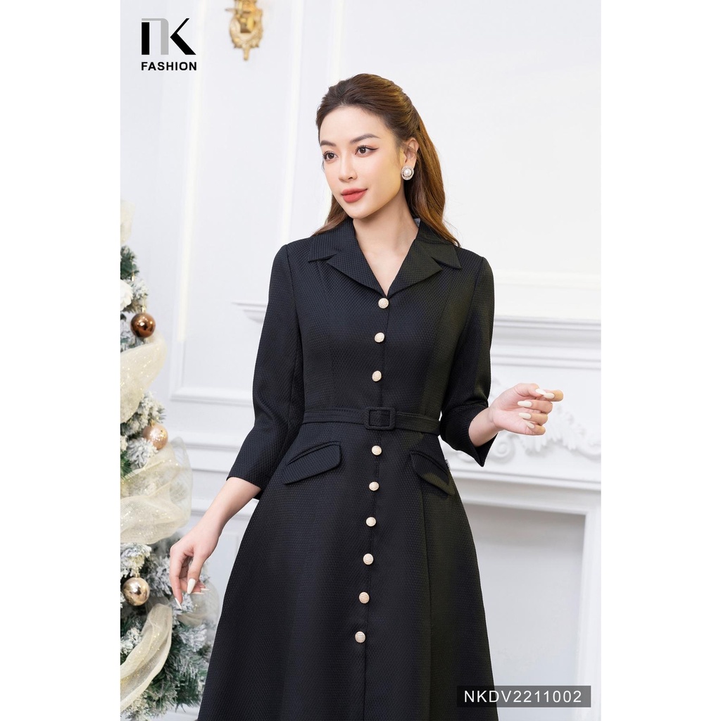 Đầm Xòe Cổ Sơ Mi NK FASHION Thiết Kế Đai Bọc 2 Nắp Túi Thanh Lịch Chất Liệu Cao Cấp Đứng Phom NKDV2211002