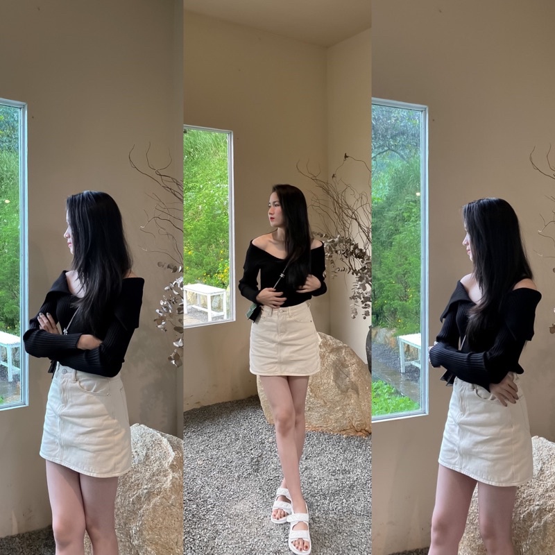 Chân váy jean nữ Lưng Cao sắc màu chât cotton giãn nhẹ có lót quần bên trong sành điệu