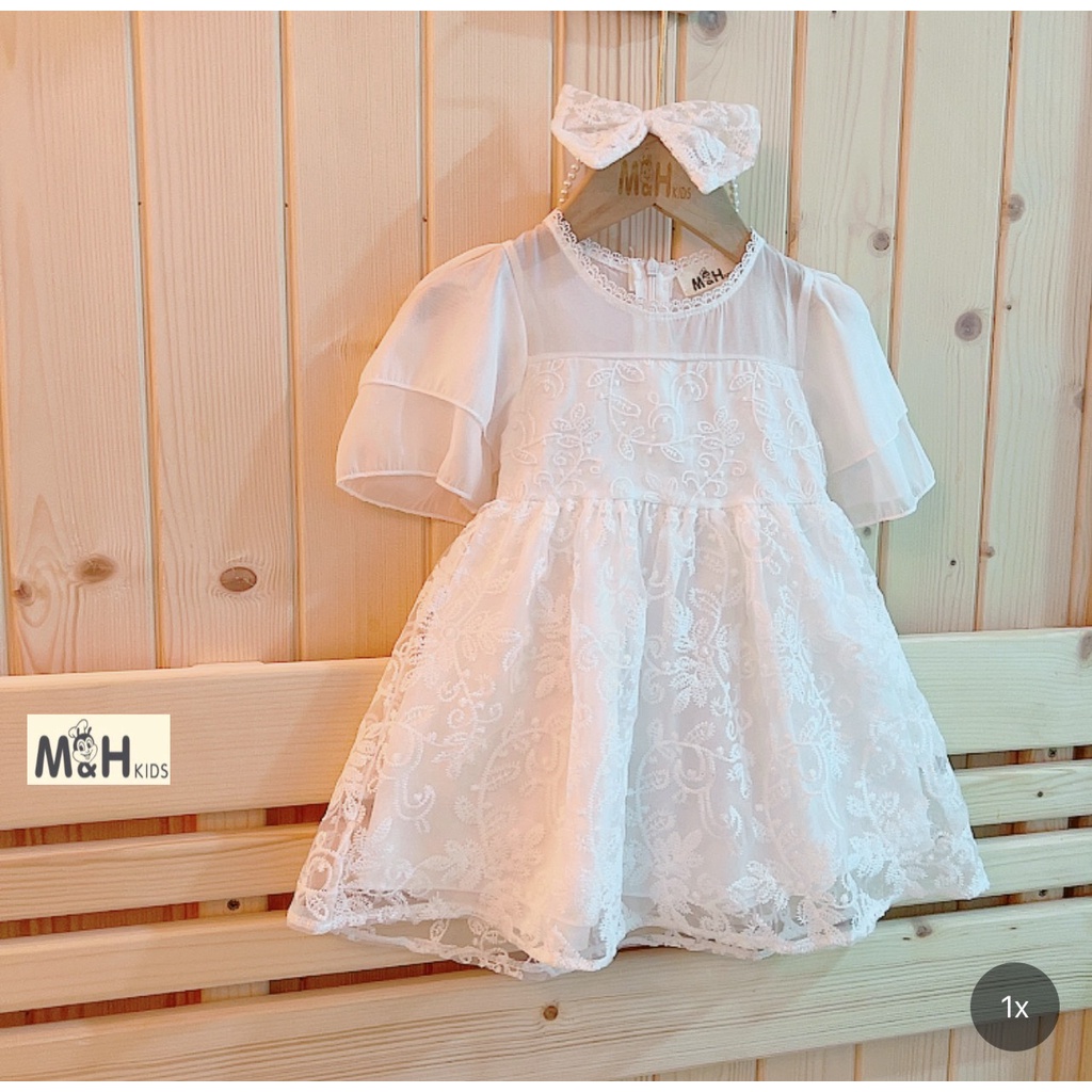 Váy Công Chúa Trắng Kèm Bờm Ngọc Cho Bé Gái WOWKIDS Chất Ren Cao Cấp Phối Von Tơ Từ 9 - 30kg