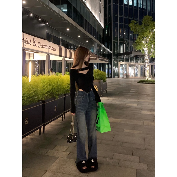 Áo croptop Dệt Kim Tay Dài Một Bên Vai Dáng Ôm Gợi Cảm Phong Cách Hàn Quốc Dành Cho Bạn Nữ