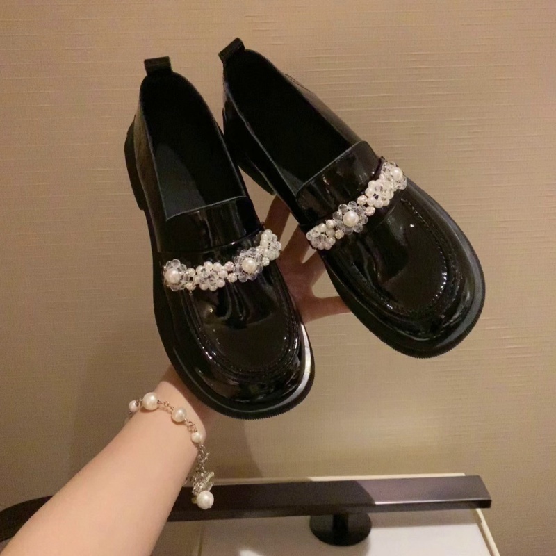 Giày Da Mũi Tròn Đế Dày Đính Đá Pha Lê Thủ Công Thời Trang Cho Nữ