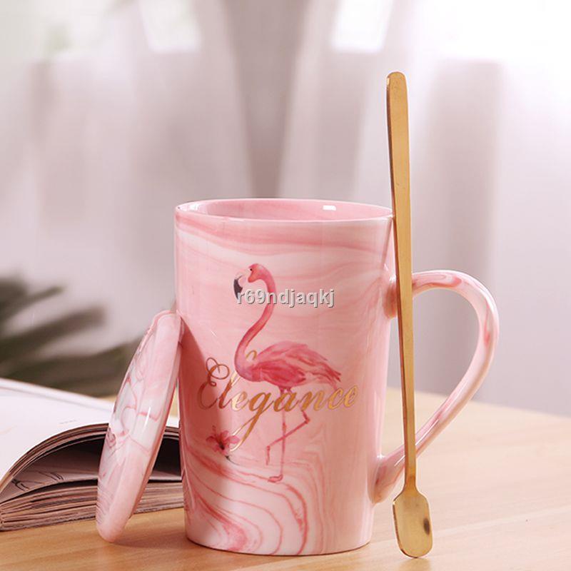 Cốc Có Nắp Thìa Phong Cách Châu Âu Cà Phê Xu Hướng Cặp Đôi Nam Nữ Họa Tiết Đá Cẩm Thạch Hạc Nước Cốc Sứ