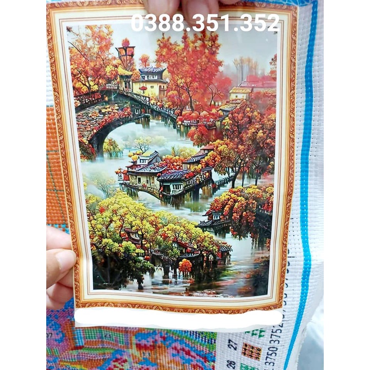 Tranh thêu chữ thập tứ quý phong cảnh bốn mùa thêu kín 60*90*4cm