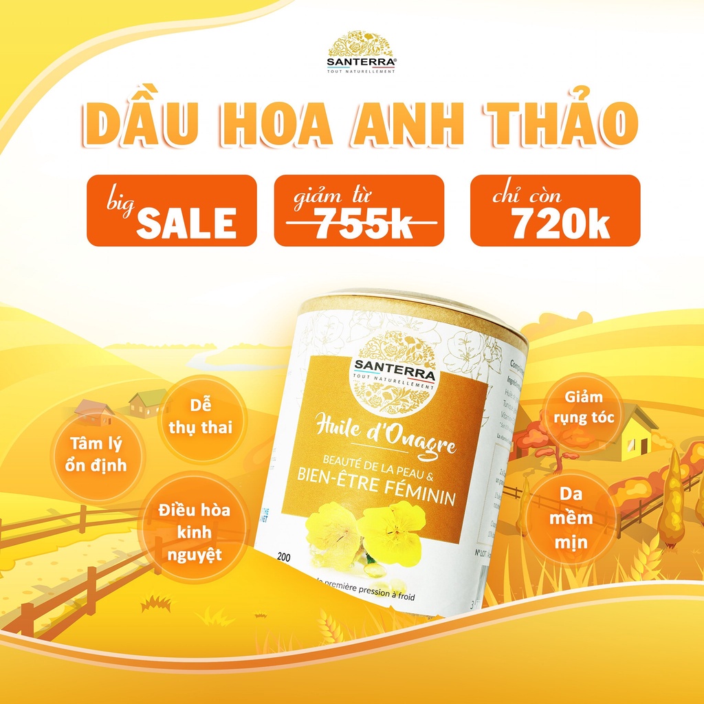 Viên Uống Tinh Dầu Hoa Anh Thảo Santerra Pháp, Cân Bằng Nội Tiết Tố Nữ 200 Viên