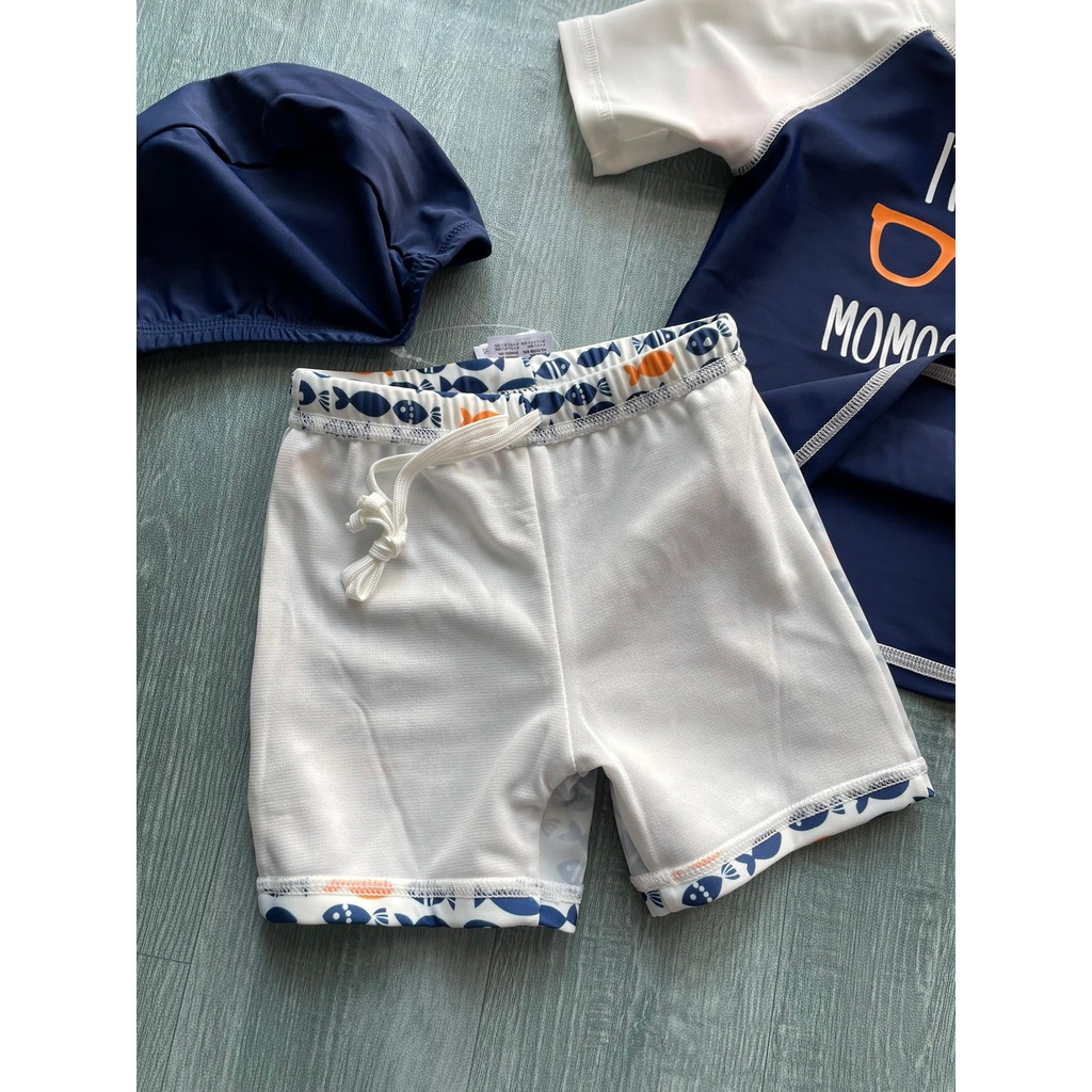 Bộ bơi bé trai cộc rời, xanh tay trắng, hình cá, Momasong  908048