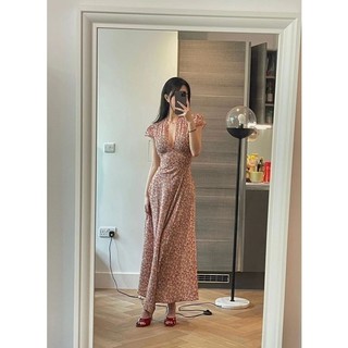 Đầm maxi cổ chữ V hoạ tiết qc