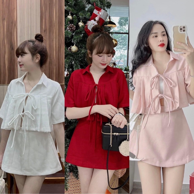 SET ÁO CROPTOP CỔ BẺ XẾP LY THẮT NƠ KÈM CHÂN VÁY ĐỎ TRẮNG HỒNG