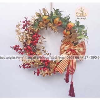 Vòng lựu đào đông lá vàng nơ trang trí tết stella party