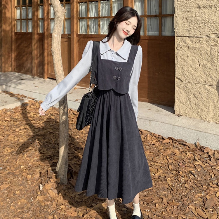 🎀váy babydoll dáng dài váy mùa đông cho nữ váy dài Đầm Nữ Tay Dài Cổ Bẻ Giả Hai Lớp Ôm Eo Phong Cách Hàn Quốc Thời Trang Thu Đông