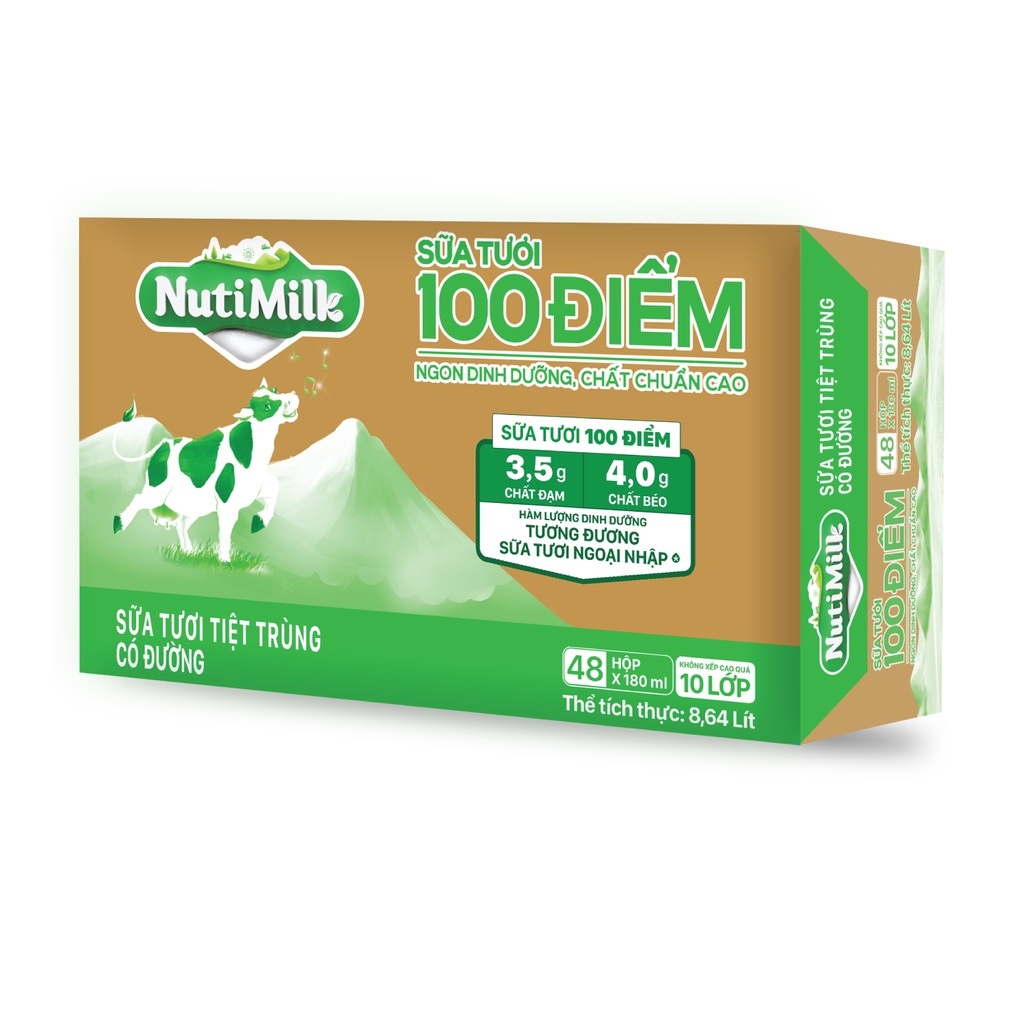 Thùng 48 hộp NutiMilk Sữa Tươi 100 Điểm Tiệt Trùng Có Đường Hộp 180 ml/hộp
