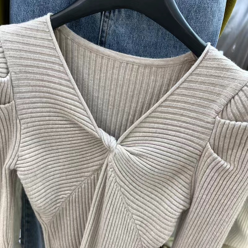 Áo Len Tay Dài Thắt Nút Màu Sắc Đơn Giản Phong Cách Retro