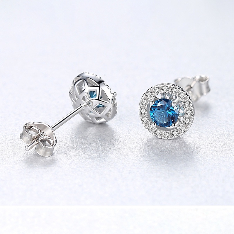 Khuyên Tai Bạc Nữ S925 Xi Bạch Kim Cao Cấp Dáng Tròn Đá Xanh B2374 - Bảo Ngọc Jewelry