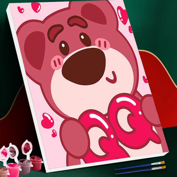 Tranh Sơn Dầu Tự Vẽ Hình Gấu Và Dâu Tây Dễ Thương Cho Bé