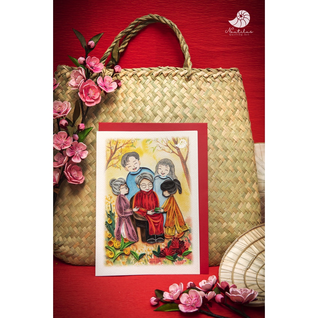 Thiệp Quilling Giấy Xoắn, Thiệp Ngày Tết, Thiệp giấy Handmade làm Quà lưu niệm tặng Người thân 13cmx18cm (Size To)