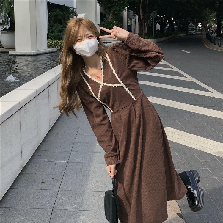 Đầm SUXI vải nhung kẻ dáng chữ A tay dài phong cách vintage thời trang thu đông dành cho nữ