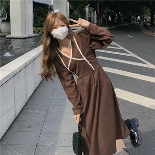 Đầm SUXI vải nhung kẻ dáng chữ A tay dài phong cách vintage thời trang thu đông dành cho nữ