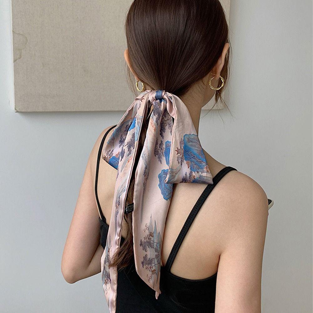 Mocho Khăn Choàng Lụa Satin Dệt In Họa Tiết Mực Cổ Điển Thanh Lịch Dễ Phối Đồ Phụ Kiện Trang Trí Tóc