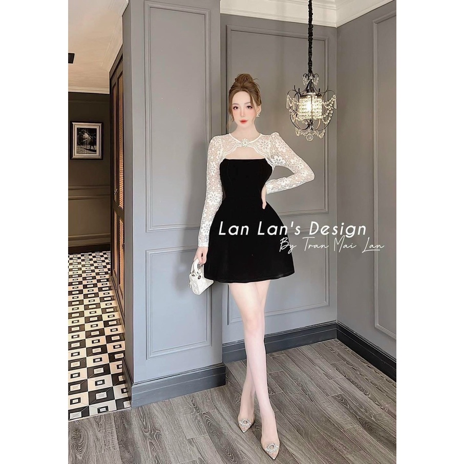 Đầm váy nữ dáng xòe tiêu thư sang chảnh tay dài phối ren, kèm phụ kiện ( có mút ngực ) 2 màu phối nhung tôn dáng cực