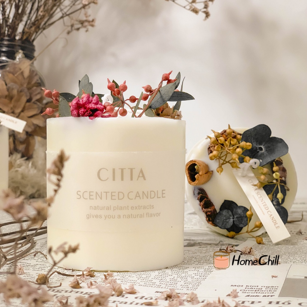Nến thơm phòng cao cấp, nến thơm CITTA hương thơm tự nhiên, nến thơm handmade đậu nành hoa khô, an toàn không khói