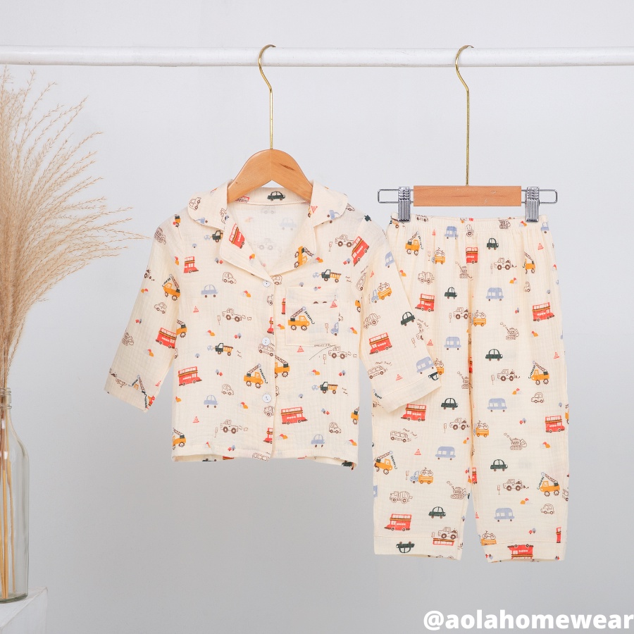 Pijama bé trai bé gái dài tay mặc ngủ điều hòa vải xô muslin áo lá - ảnh sản phẩm 4