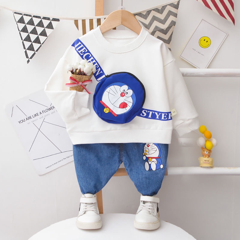 Set bộ áo thun dài tay trắng & quần bò hoạ tiết Doraemon cho bé trai & bé gái (Nặng 8-21kg, cao 80-120cm) N01335
