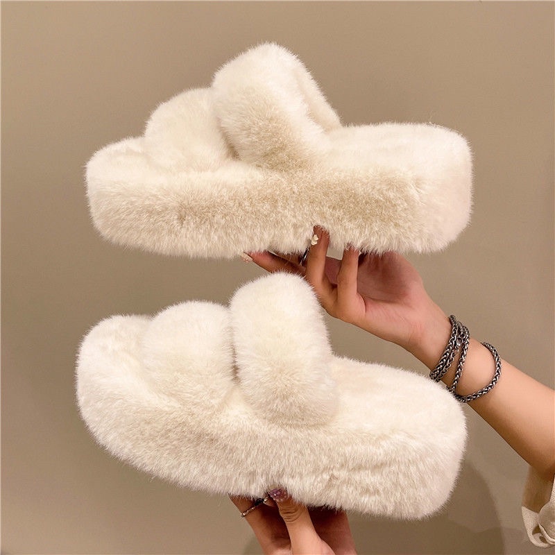 Dép Bông Quai Ngang - Quai Chéo Phủ Lông Dày Đế Cao 5cm Dễ Thương, Thời Trang Mùa Thu Đông Cho Nữ