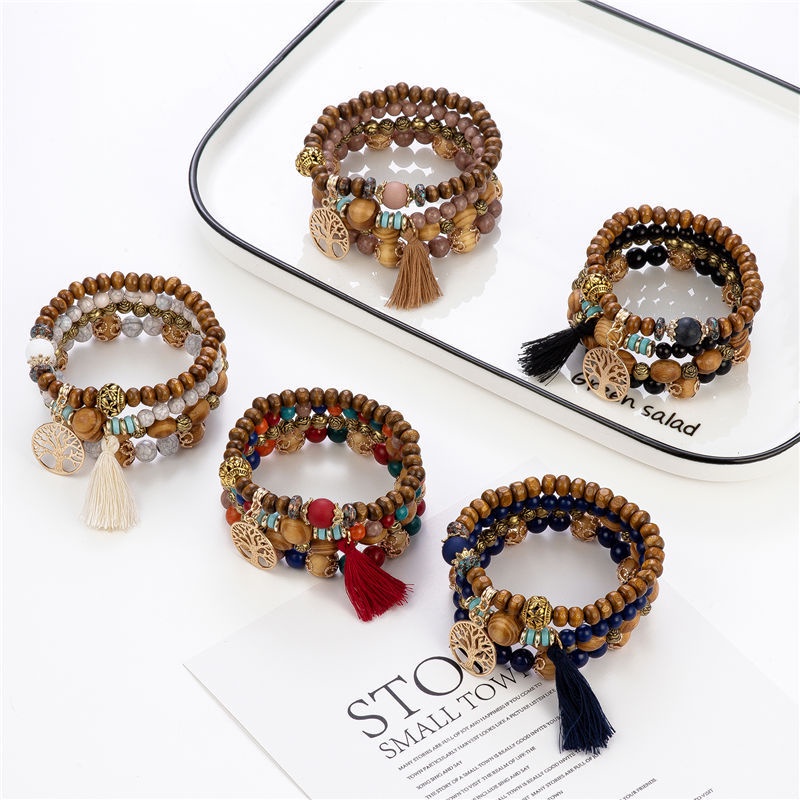 Set 4 Vòng Tay Hạt Gỗ Thời Trang Boho Cho Nữ