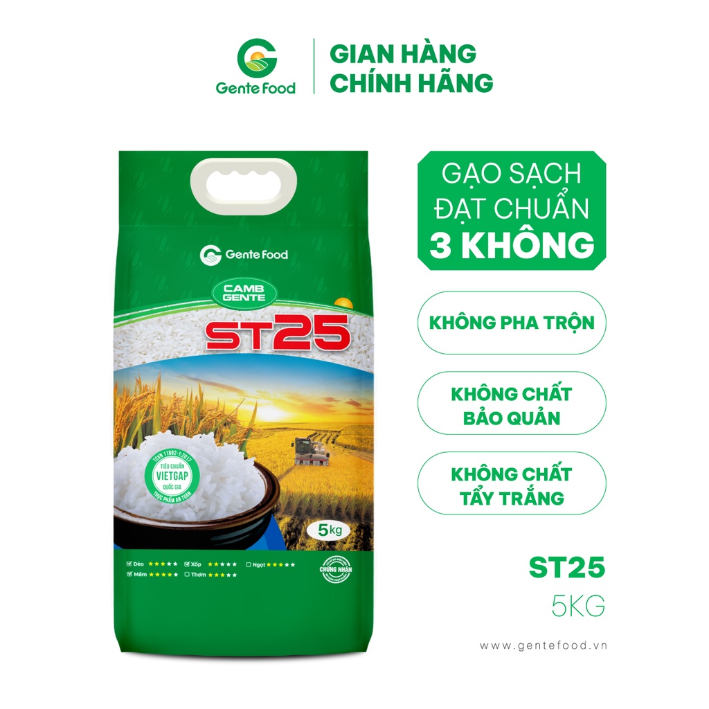 Gạo ST25 Gente Food 5kg - Thơm, Dẻo, Ngon Cơm - Chuẩn ST25