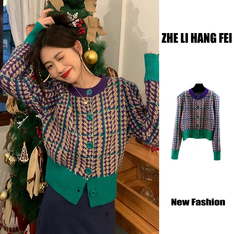 Áo cardigan dệt kim ZHELIHANGFEI tay phồng dáng rộng lưng cao thời trang cho nữ
