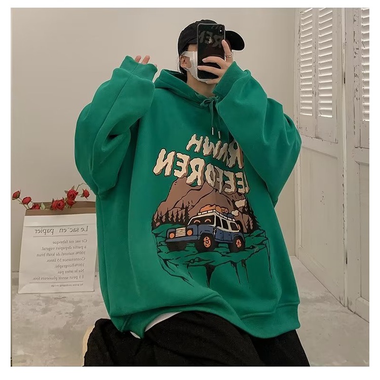 Áo Hoodie Dáng Rộng In Họa Tiết Hoạt Hình Giáng Sinh Màu Xanh Lá Thời Trang Thu Đông Cho Nam Và Nữ Size M-5XL