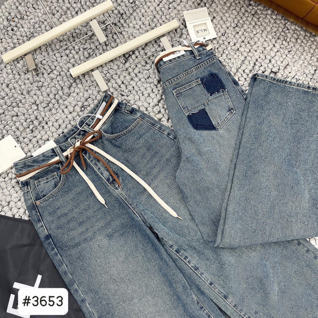 [ORDM3653] QUẦN JEANS ỐNG RỘNG NỮ LƯNG CAO 2 DÂY TRẮNG NÂU MÀU XANH ĐẬM BỤI DƠ LAI CUỐN PHỐI TÚI RÁCH KIỂU PHÍA SAU ĐỈN