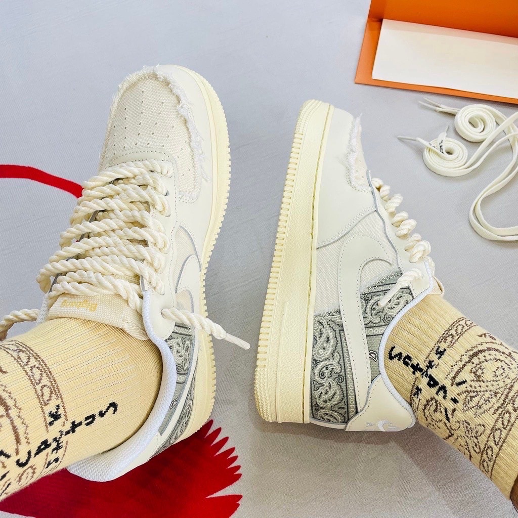 Giày _Nike Air Force 1 Thổ Cẩm Mẫu Mới Cực Xịn, Giày AF1 Vải Be Bản Dây Thừng S,cấp Trung Full Size Nam Nữ